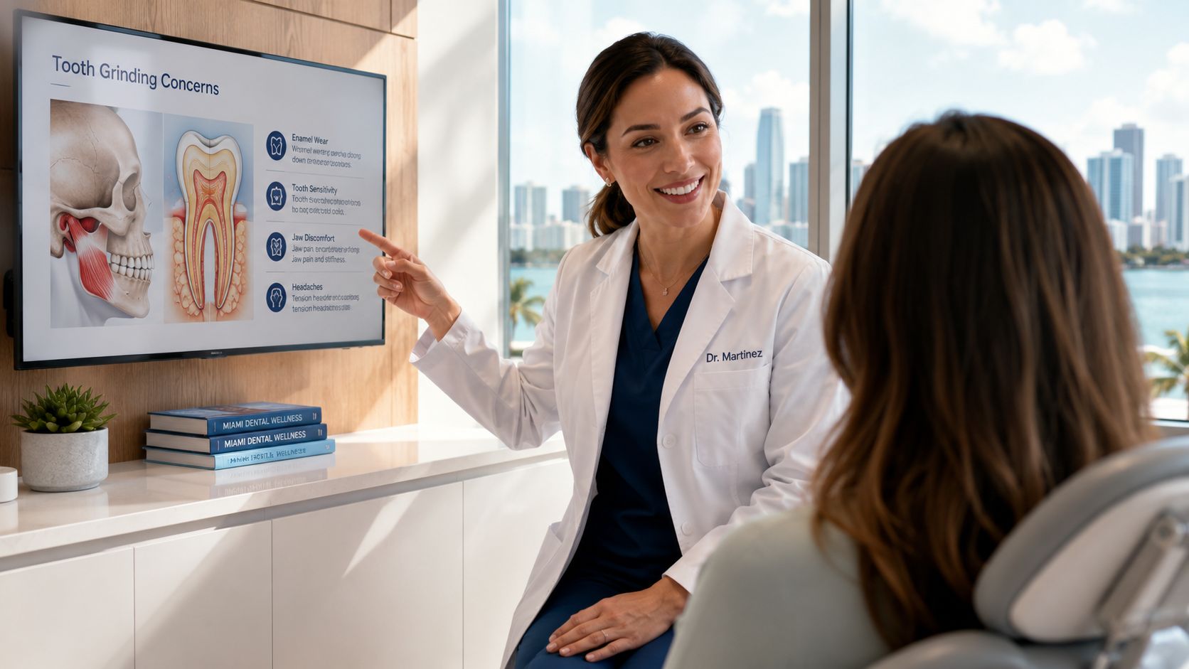 A female dentist pointing at a screen showing symptoms of tooth grinding to her patient.