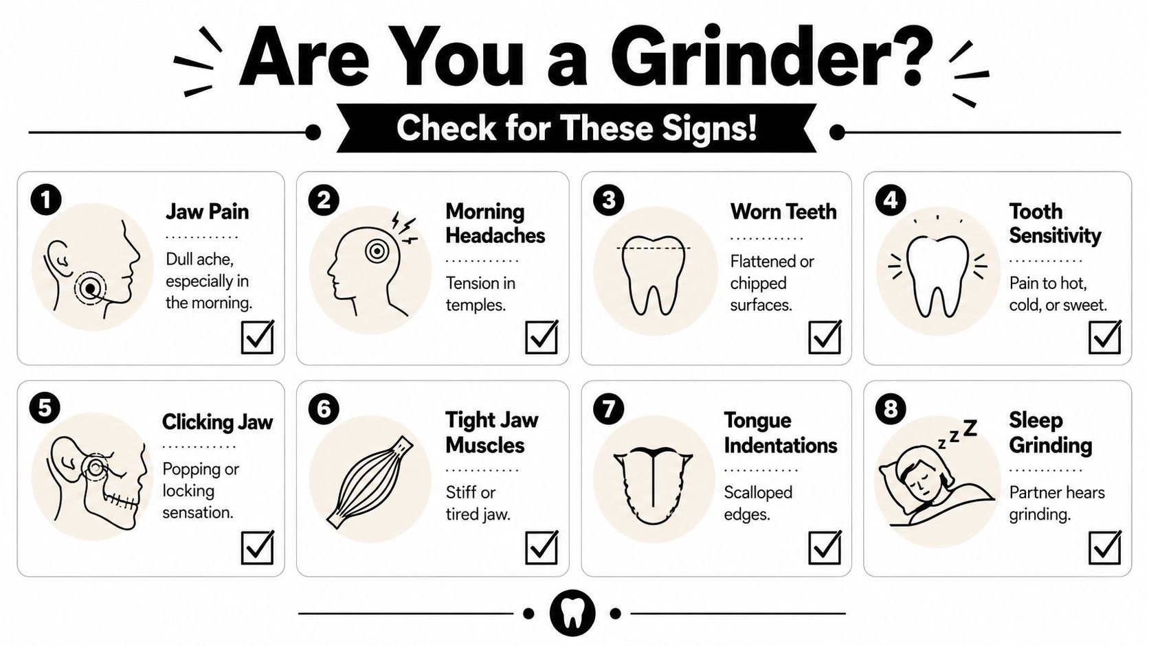 An infographic titled Are You a Grinder listing eight common symptoms of teeth grinding or bruxism.