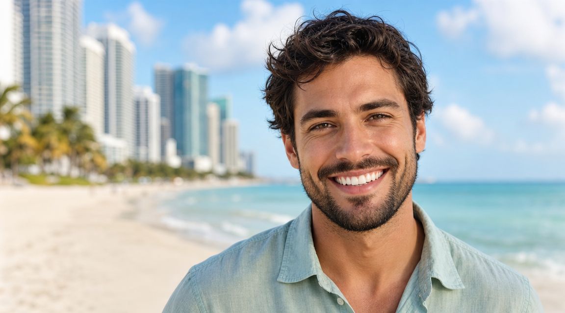 A handsome man with a bright, healthy smile standing on a sunny beach near city skyscrapers.