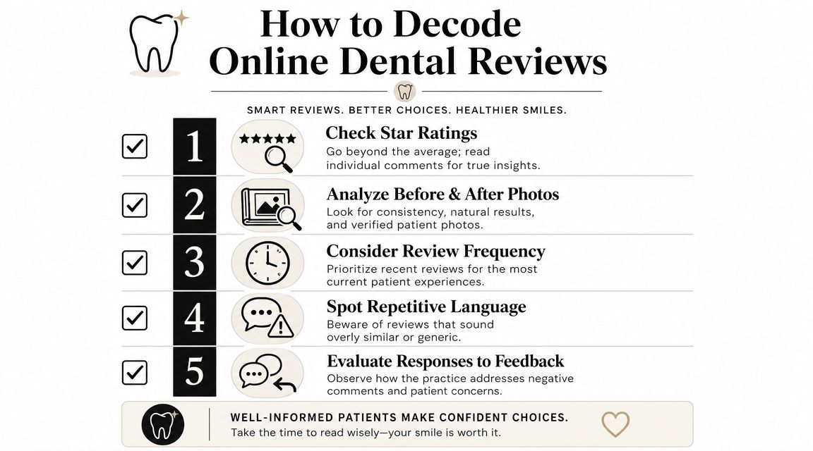 An infographic titled How to Decode Online Dental Reviews featuring five steps for evaluating dentist feedback.