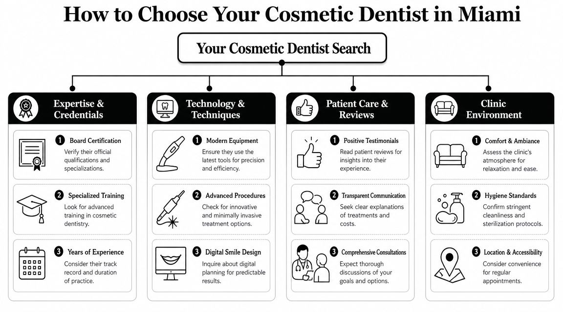 A structured flowchart showing four key factors to consider when choosing a cosmetic dentist in Miami.