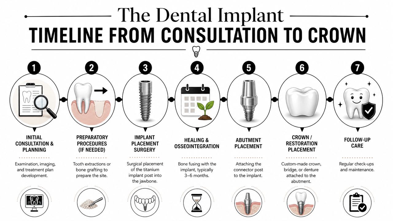 An infographic showing the seven-step process of a dental implant procedure from consultation to final follow-up.