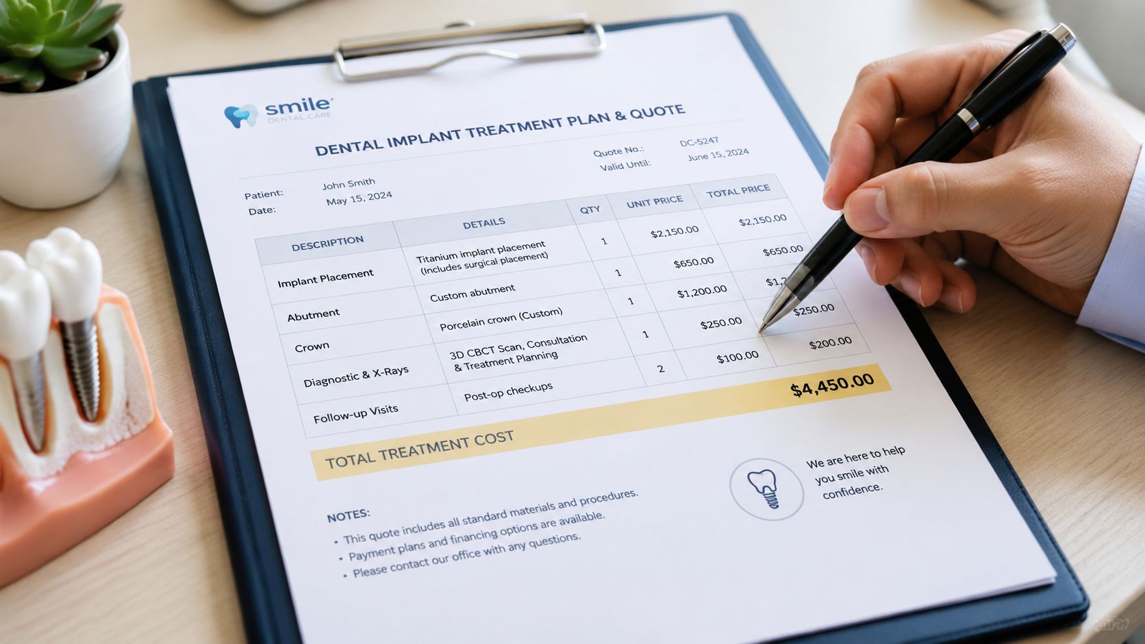 A close-up view of a hand holding a pen over a dental implant treatment plan and quote.