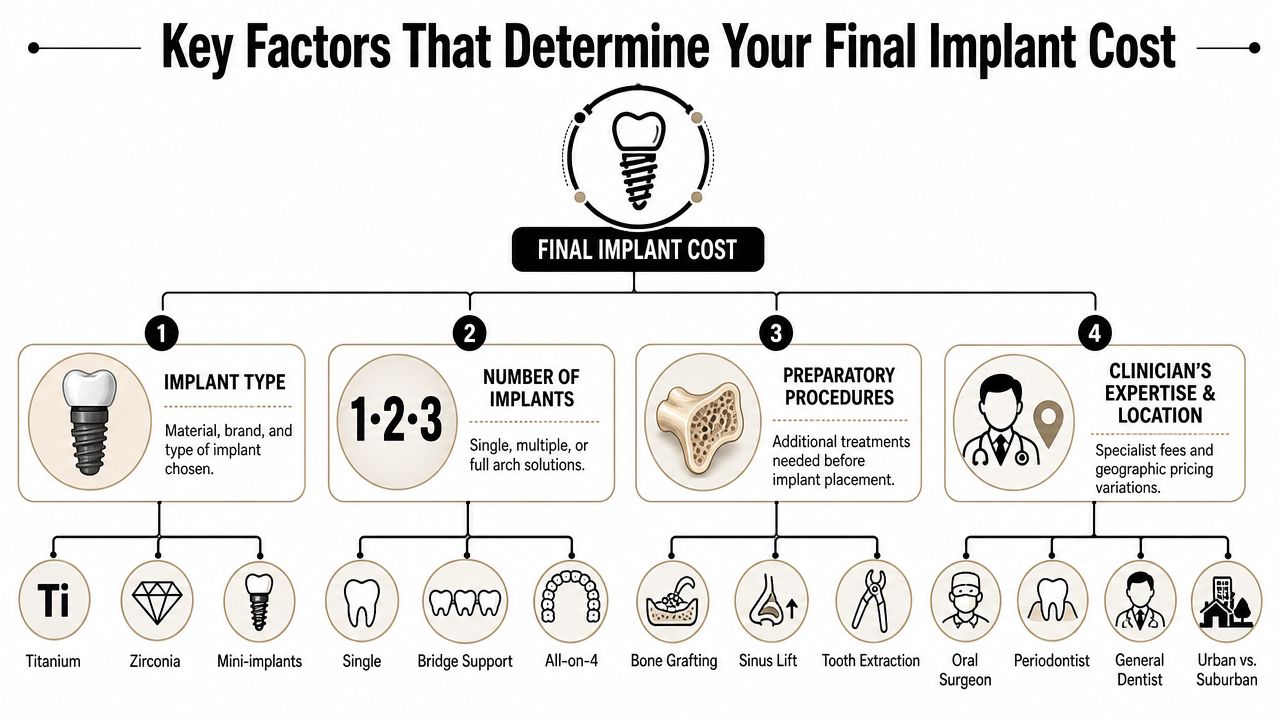 An infographic showing four key factors that influence the final cost of dental implants.