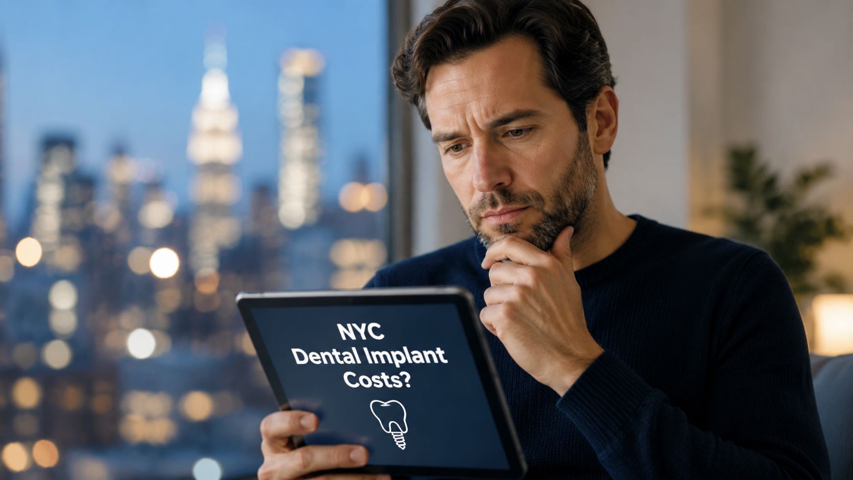 A man looking thoughtfully at a digital tablet displaying text about dental implant costs in New York.