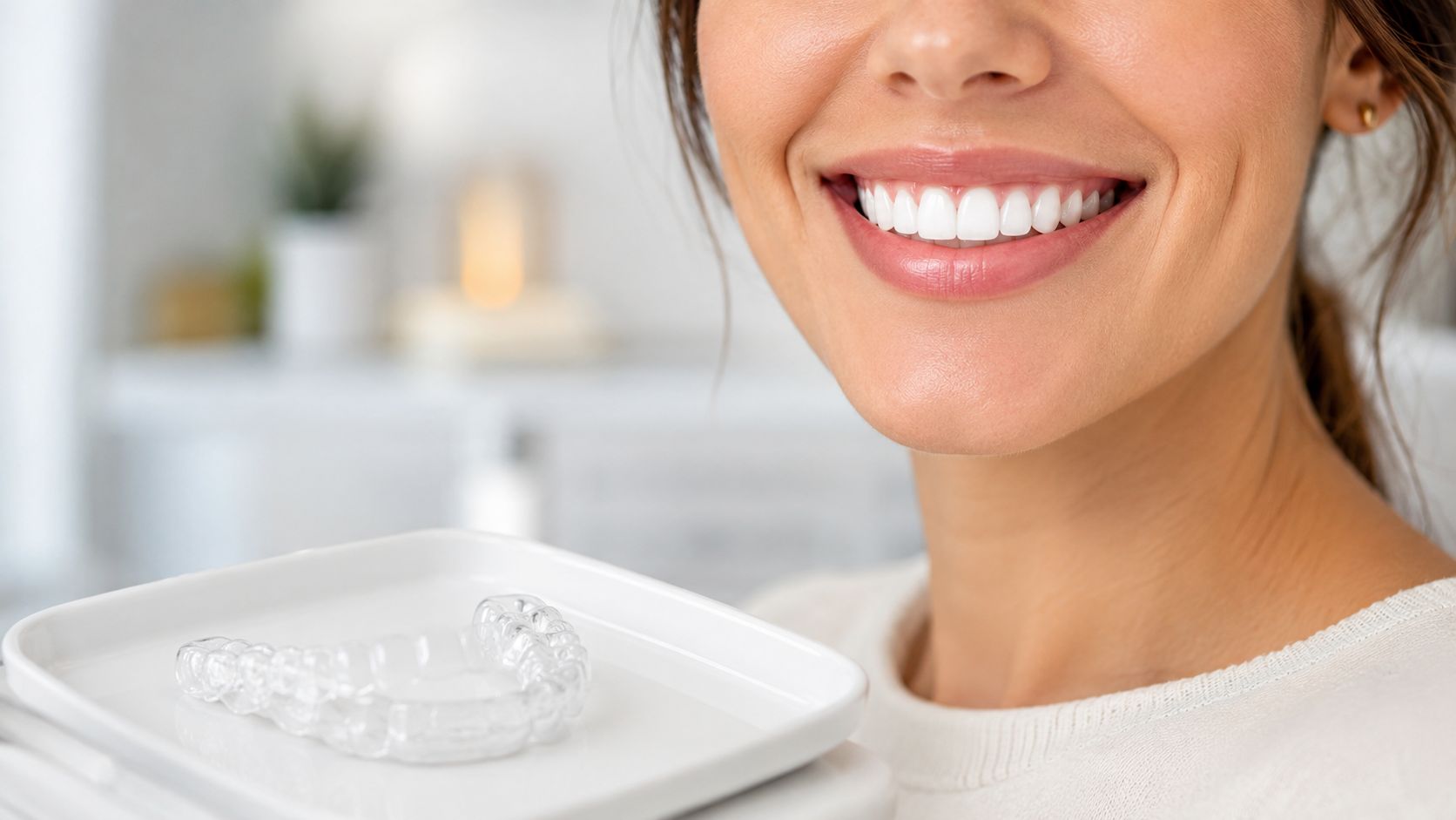 A close-up of a smiling woman holding a clear orthodontic aligner on a white tray.