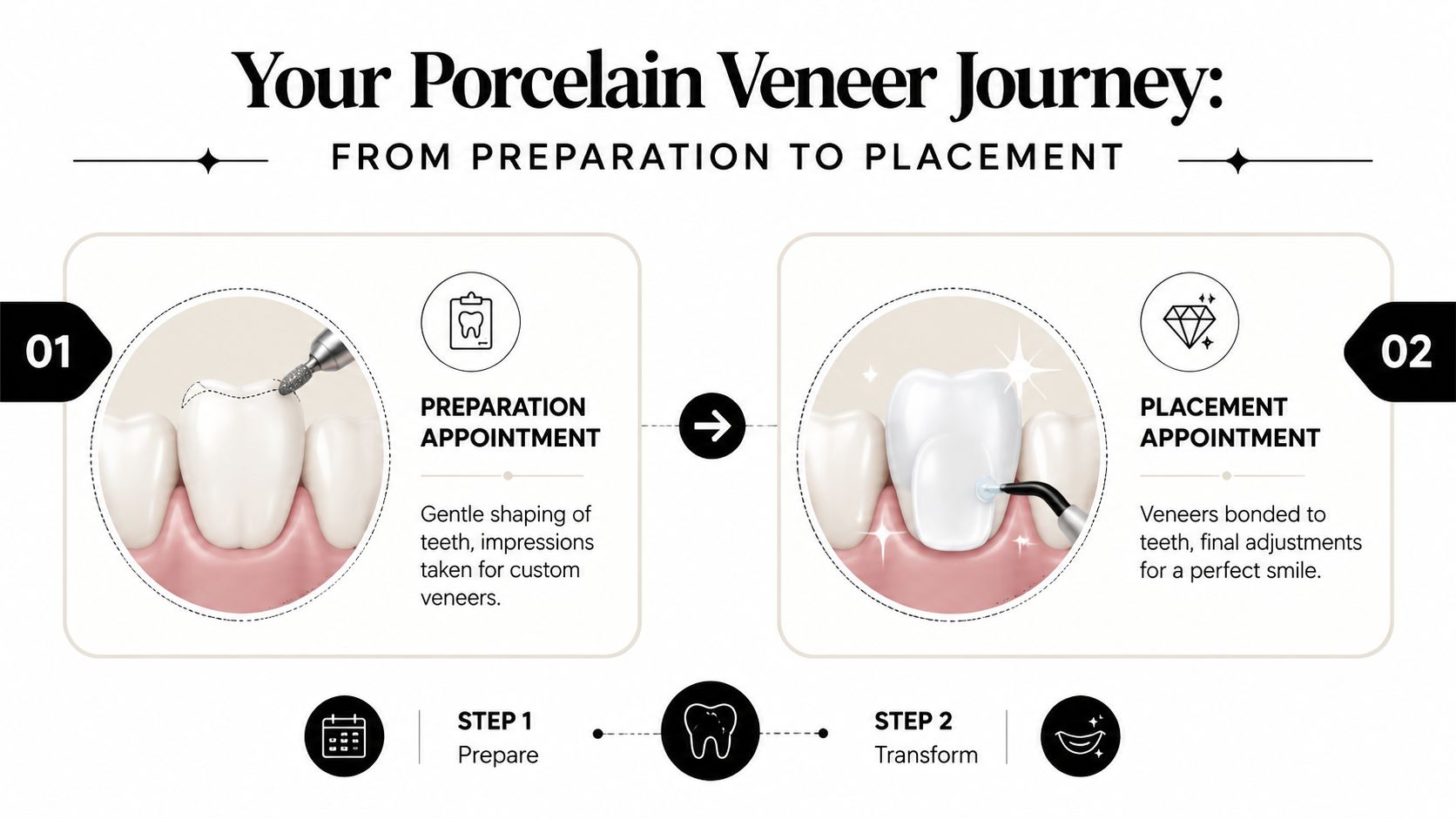 A dental infographic explaining the two-step process of getting porcelain veneers, from initial preparation to final placement.