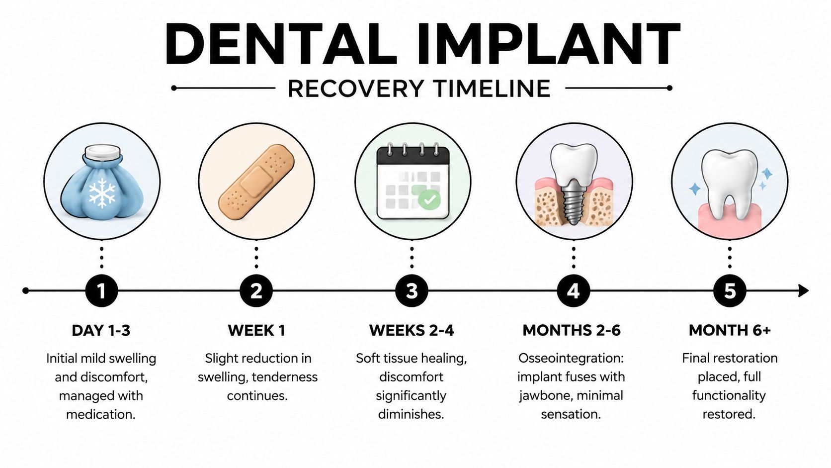 A dental implant recovery timeline showing the five stages of healing from initial surgery to final restoration.
