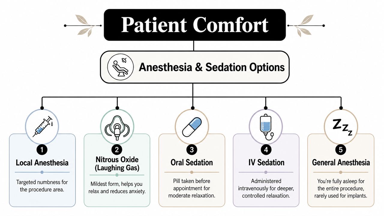 An infographic detailing five different dental anesthesia and sedation options for patient comfort during procedures.