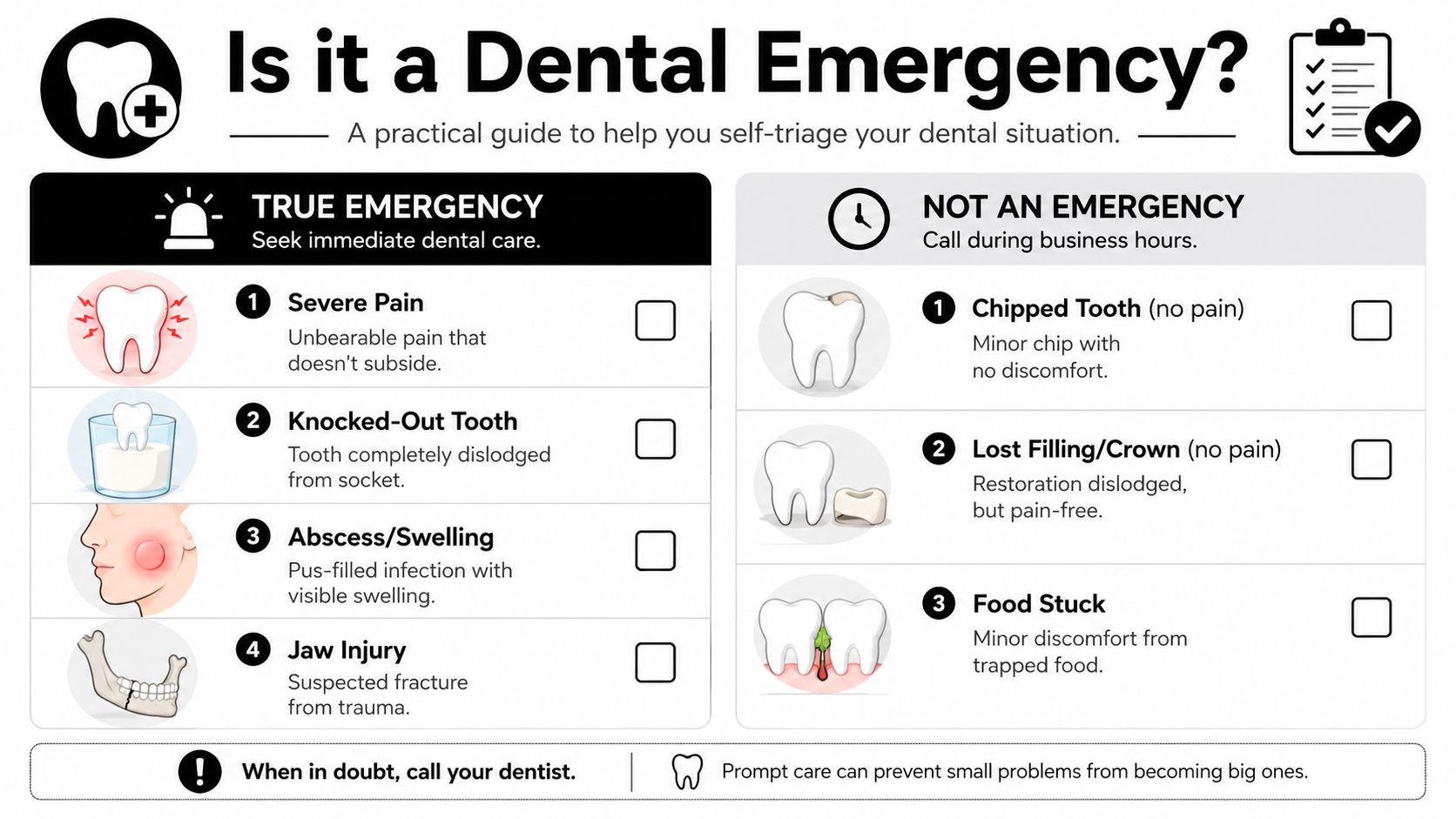 A dental emergency infographic helping patients decide if they need immediate care or a regular appointment.