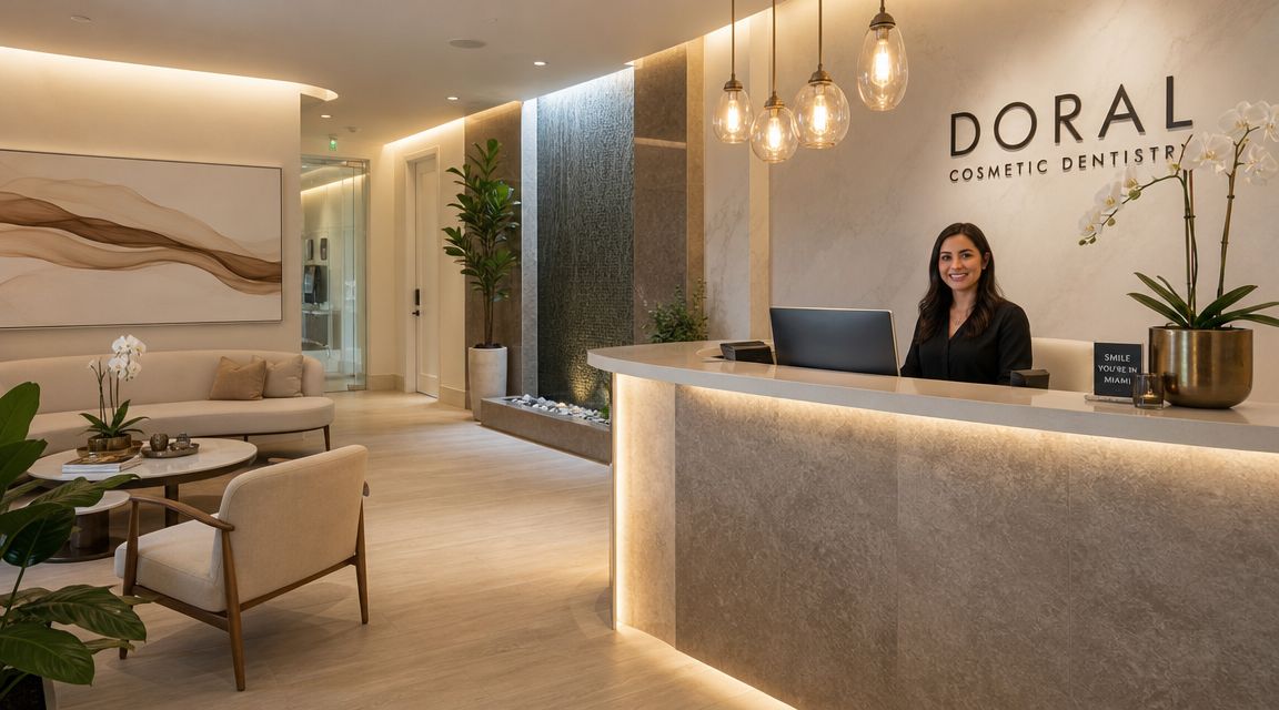 A smiling receptionist greets visitors at the elegant, modern front desk of Doral Cosmetic Dentistry in Miami.