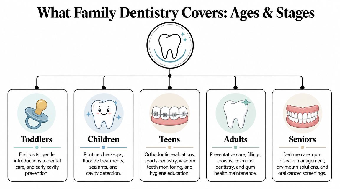 A dental care infographic outlining oral health services for toddlers, children, teens, adults, and seniors.