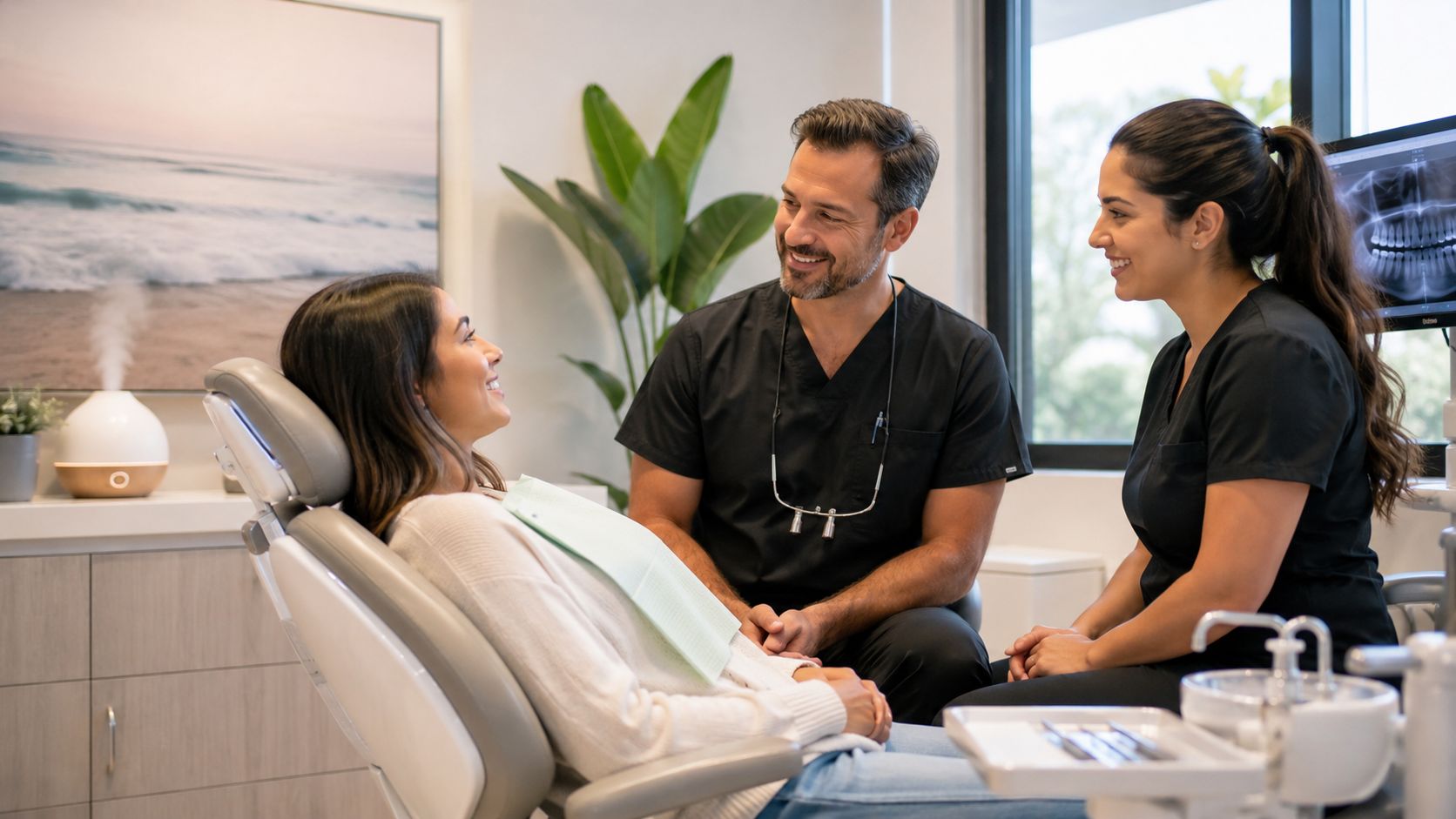 A friendly dentist and assistant consulting with a female patient in a modern dental office setting.