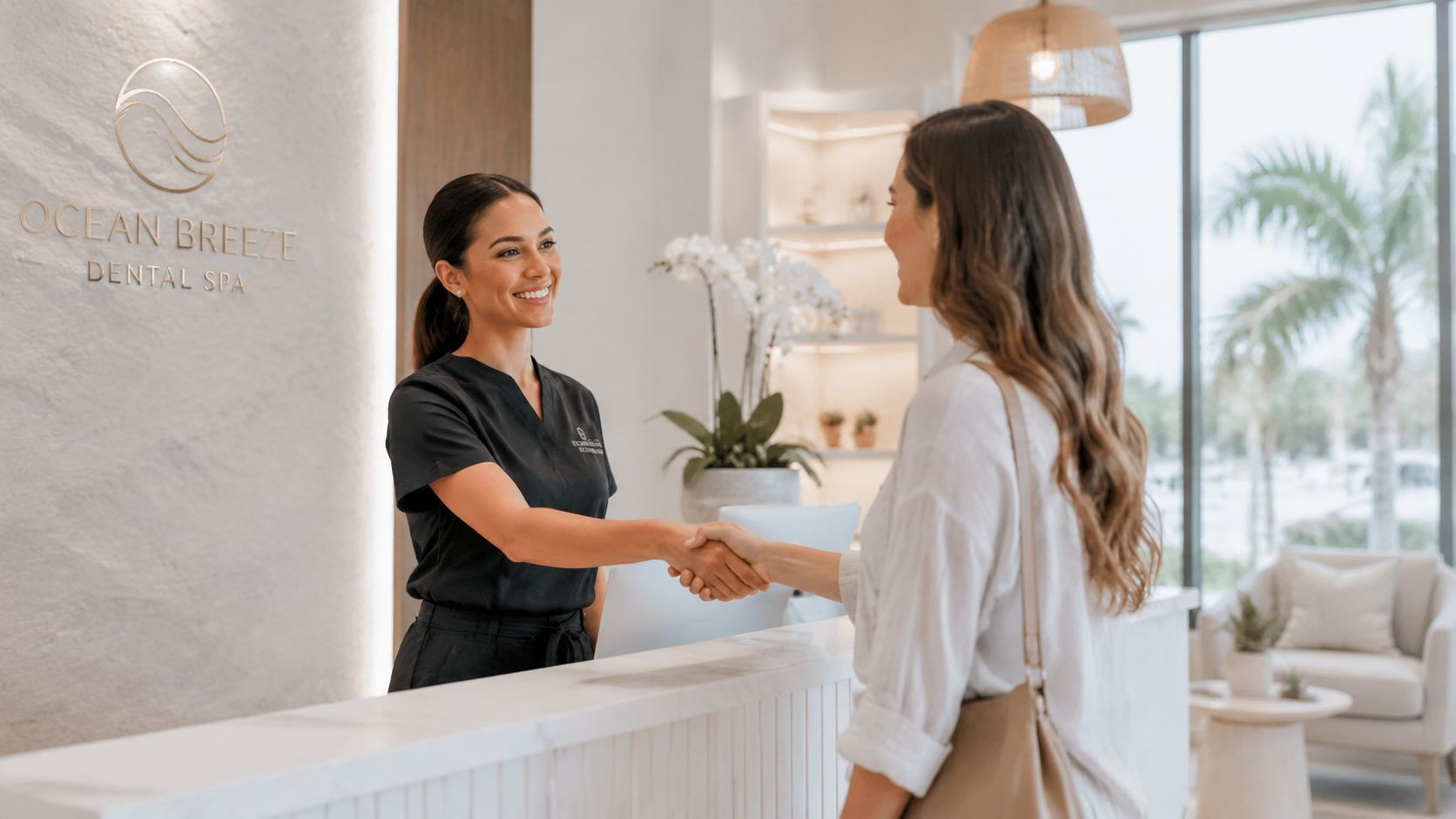 A smiling dental spa receptionist shakes hands with a patient at the front desk of a modern clinic.
