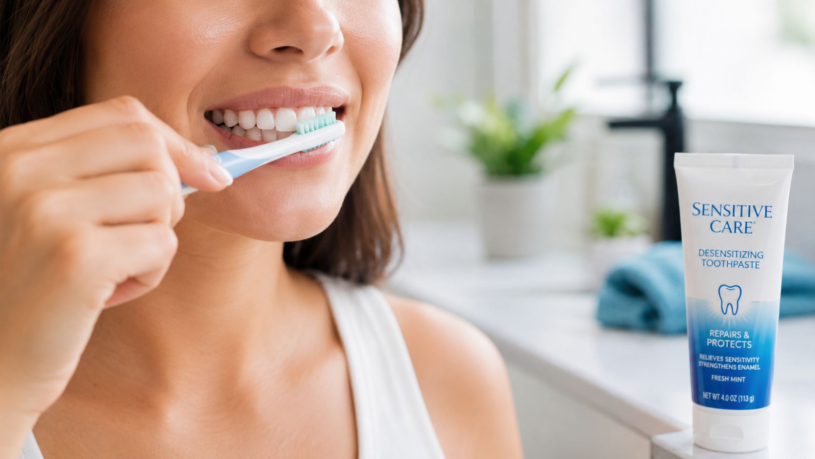 A woman brushing her teeth with a toothbrush, next to a tube of sensitive care toothpaste.