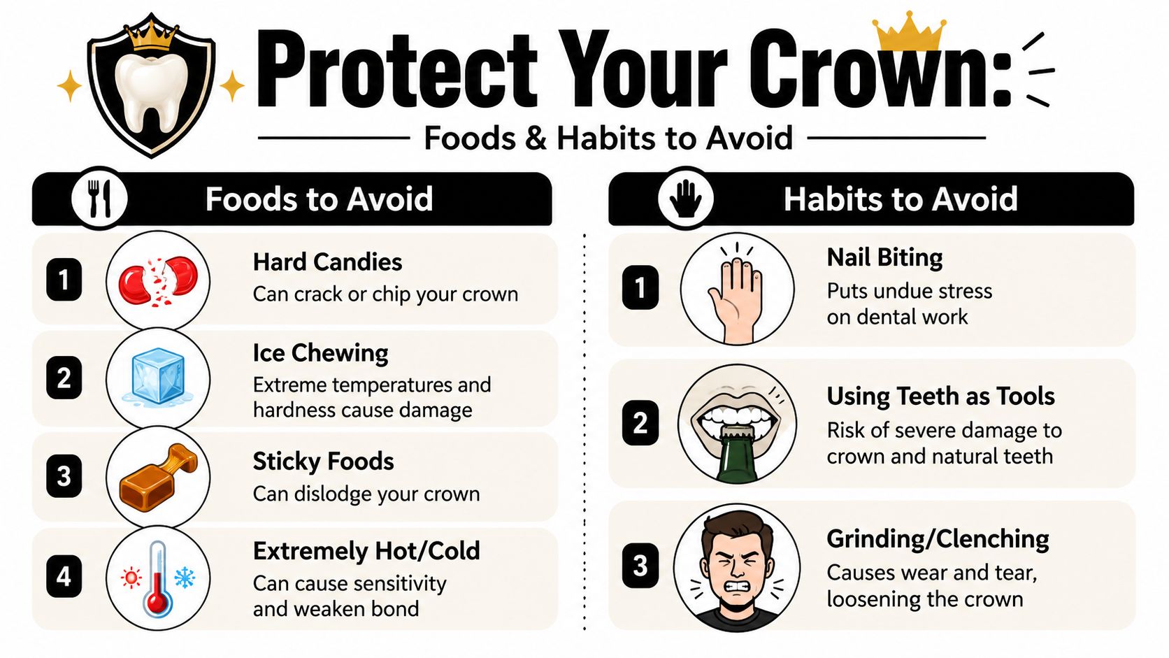 An infographic titled Protect Your Crown illustrating various foods and bad habits that can damage dental crowns.