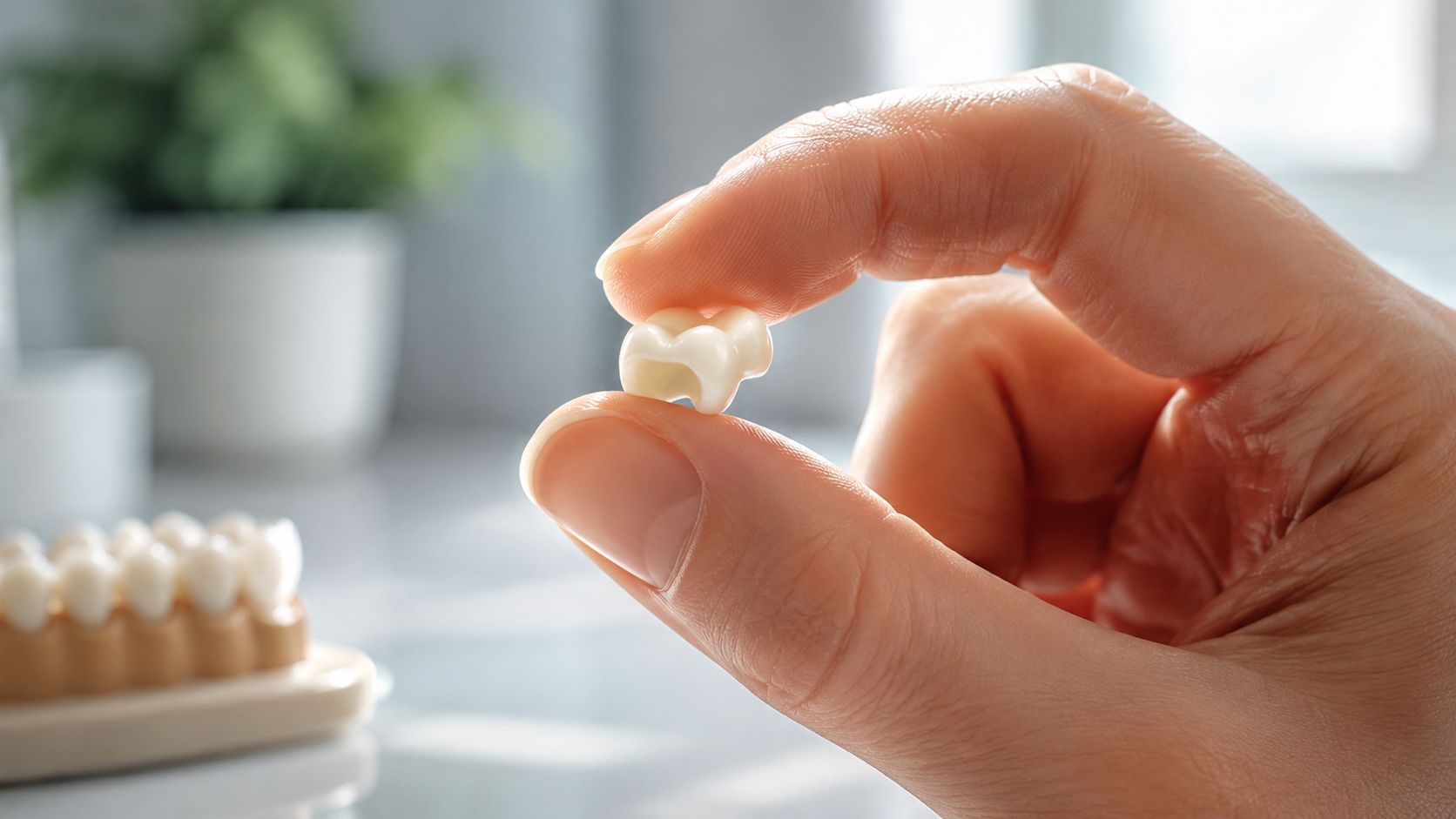 A close up view of a person holding a small dental crown between their fingers with teeth models nearby.