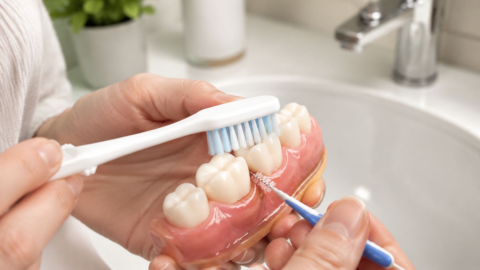 A person demonstrating proper cleaning techniques on a dental model with a toothbrush and interdental brush.