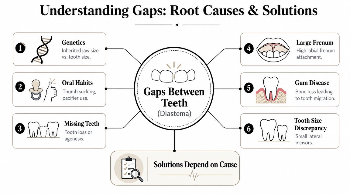 An infographic illustrating six common root causes of gaps between teeth, also known as diastema.