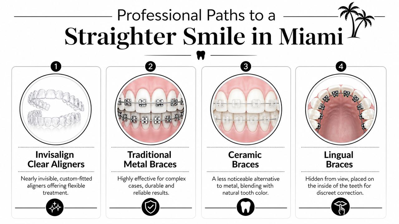 An infographic showing four professional dental treatments available in Miami for achieving a straighter smile.