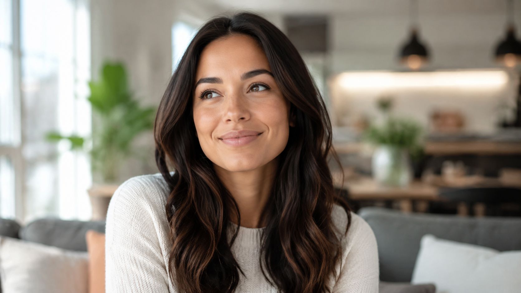 A beautiful young woman with a warm, natural smile looking away while sitting in a bright room.