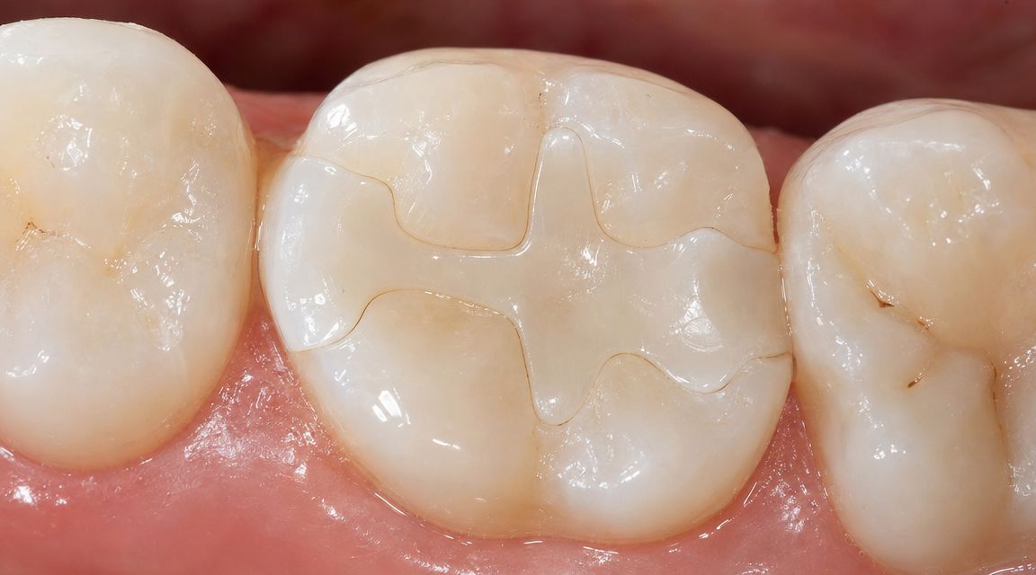 A close-up view of a molar tooth featuring a precisely placed porcelain dental inlay restoration.