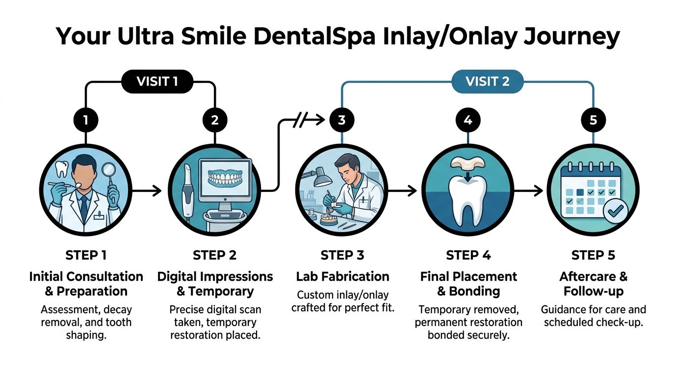 A flowchart showing the five steps of the dental inlay and onlay procedure at Ultra Smile DentalSpa.