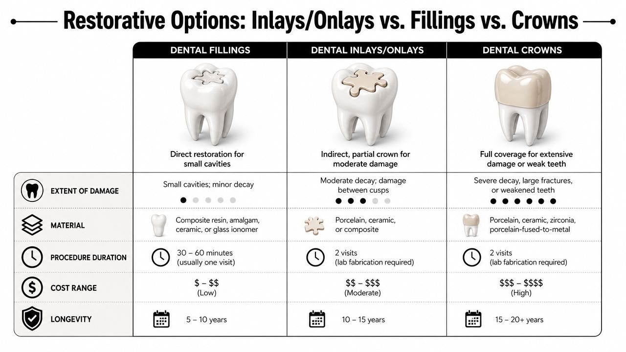 A comparison chart showing differences in procedure, cost, and longevity between dental fillings, inlays, onlays, and crowns.