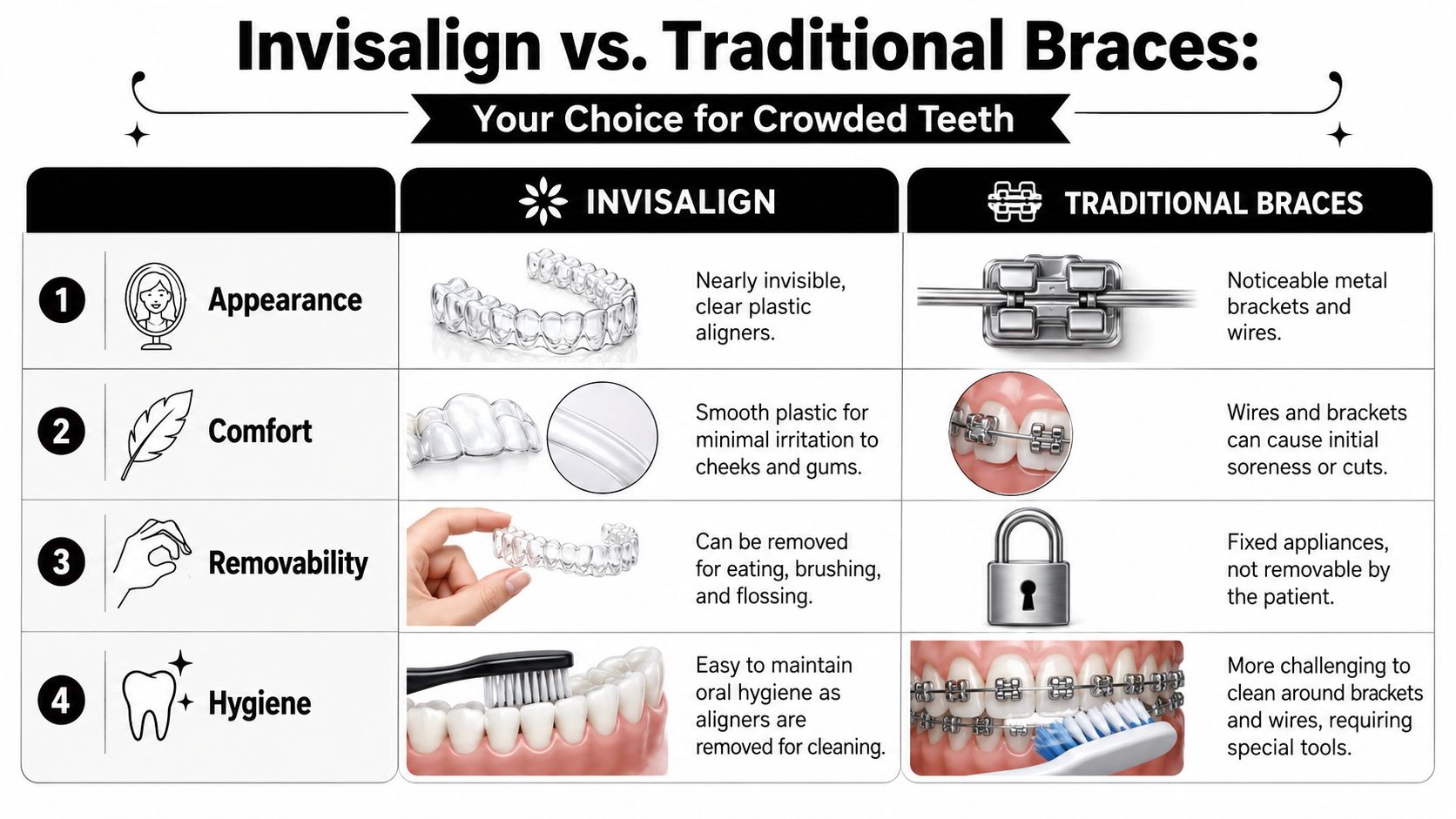 A comparison chart showing the differences between Invisalign clear aligners and traditional metal dental braces.