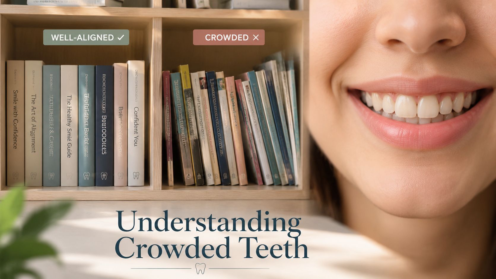 A conceptual dental image showing books representing well-aligned versus crowded teeth next to a person's healthy smile.