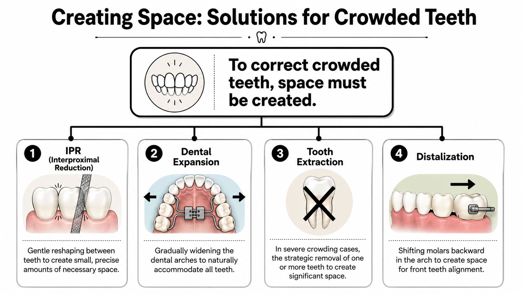 An infographic showing four common orthodontic methods for creating space to correct crowded teeth.