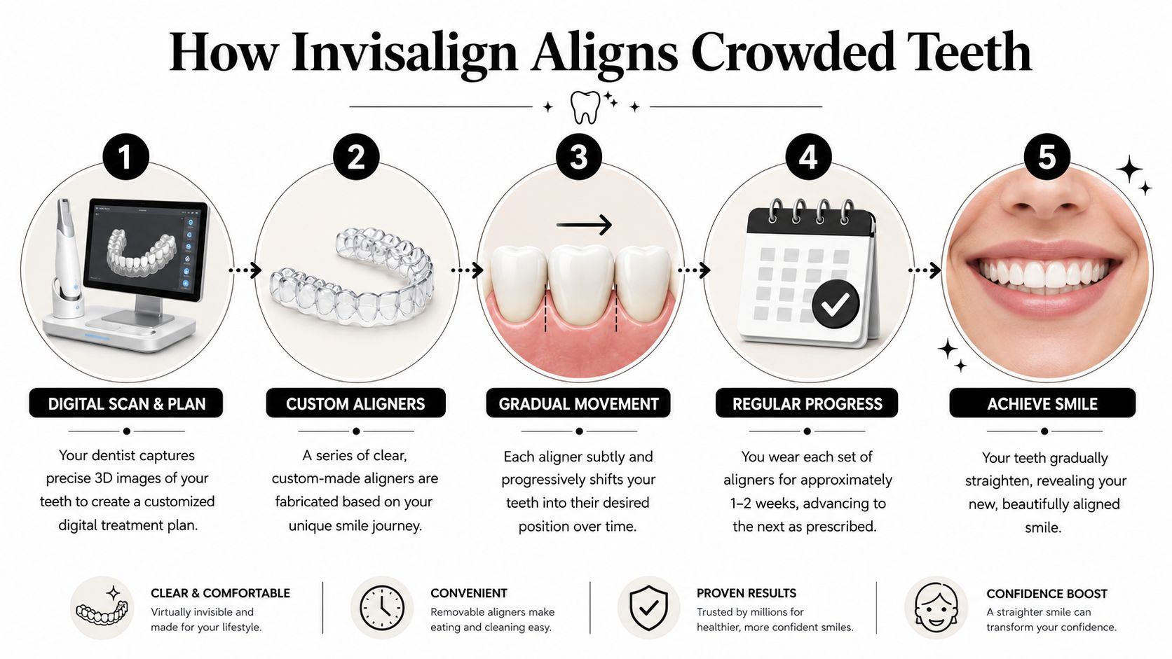 A five-step infographic showing the Invisalign process to correct crowded teeth using digital scans and clear aligners.