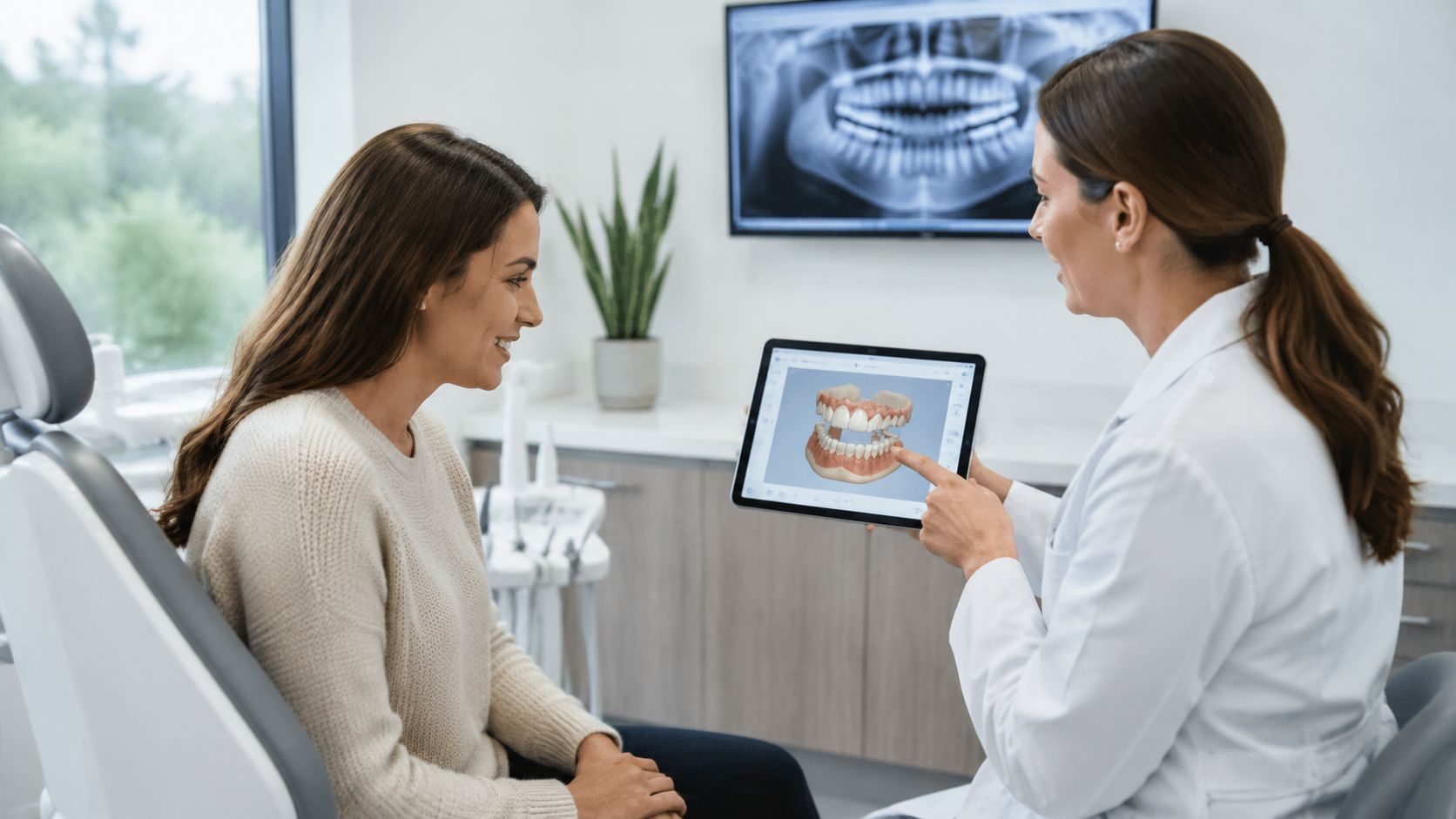 A female dentist explains 3D teeth simulation on a tablet to a smiling female patient in office.