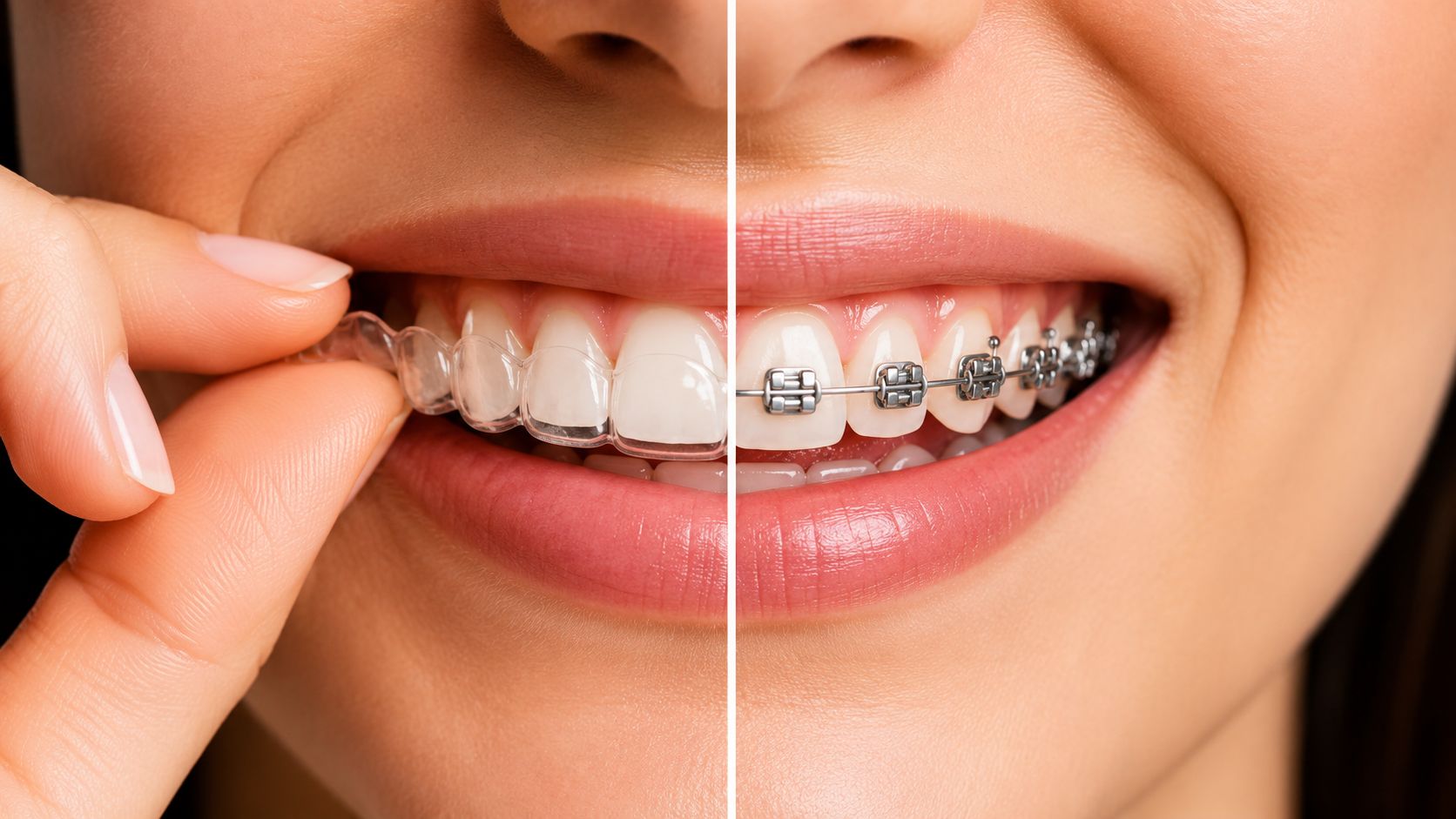 A close-up split screen comparing clear plastic dental aligners on the left and traditional metal braces on the right.