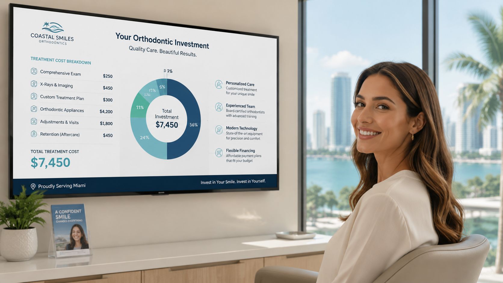 A woman smiling at a digital presentation screen about orthodontic treatment costs in a dental office.
