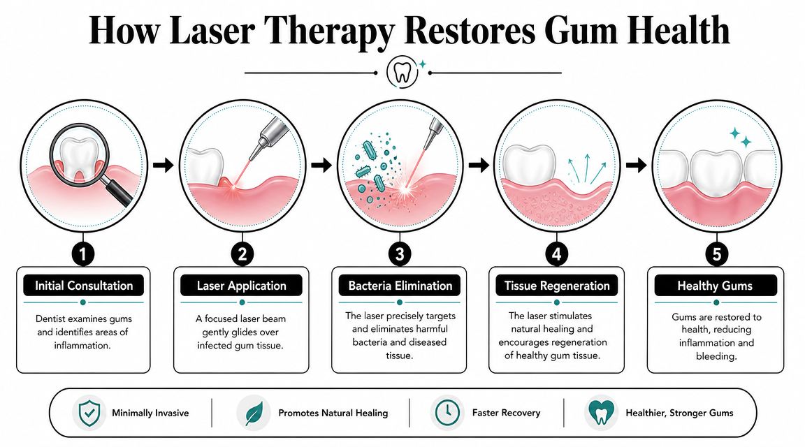 A five-step infographic showing how laser therapy works to restore gum health and treat dental issues.