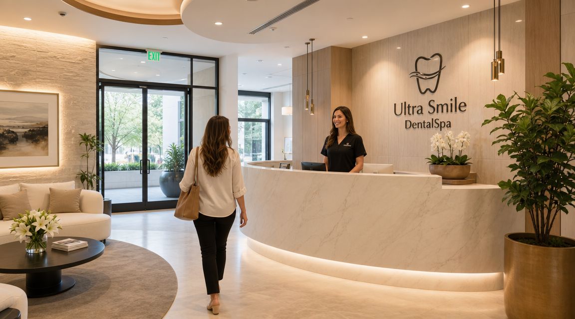 A smiling receptionist welcomes a patient at the front desk of a modern dental spa clinic.