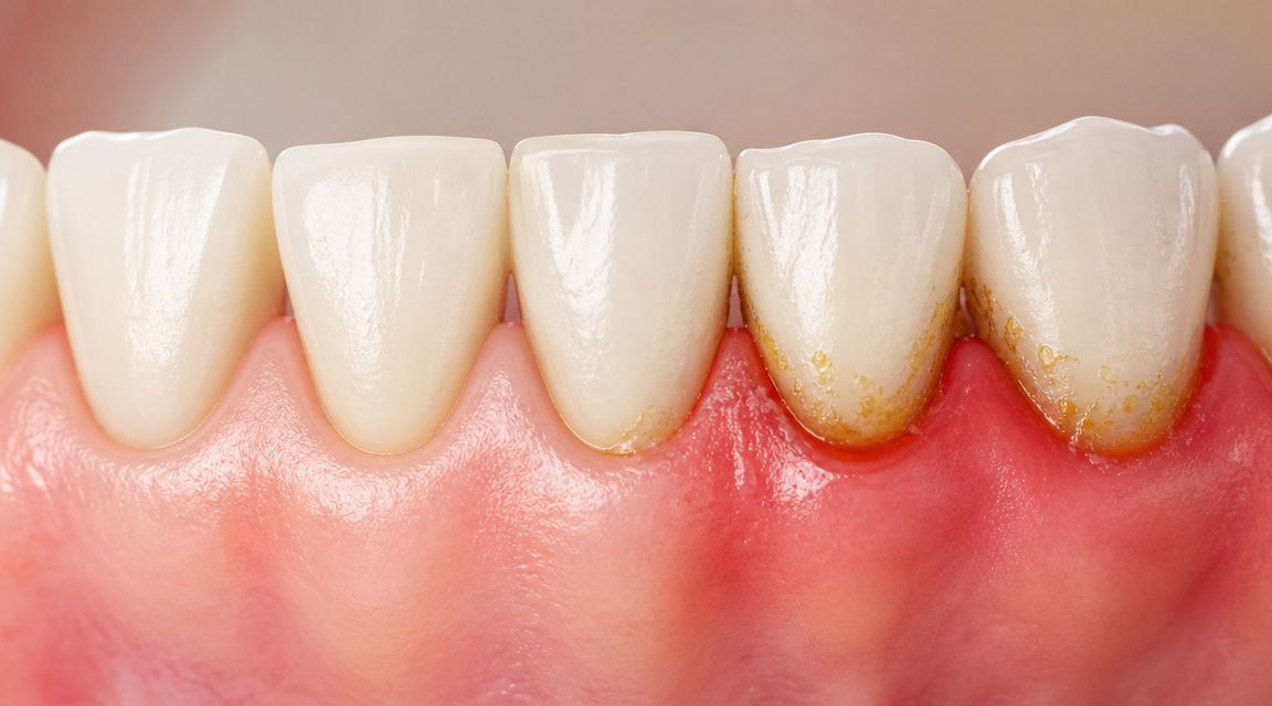 Close-up of human lower front teeth showing inflamed red gums and visible dental plaque buildup near the gumline.