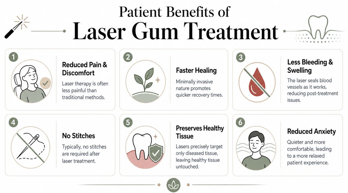 An infographic detailing six key patient benefits of professional laser gum treatment for dental health.