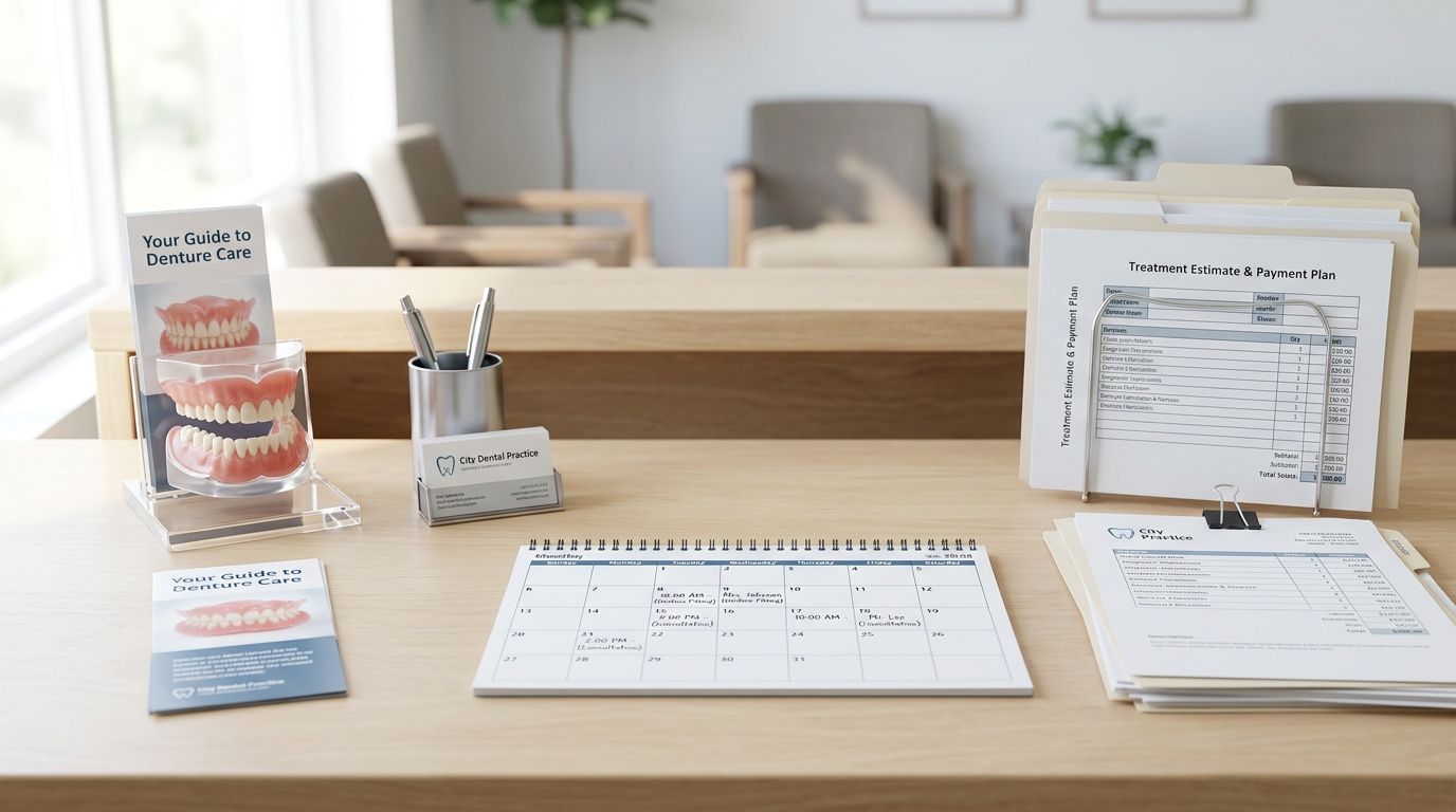 A dental office front desk featuring educational models, appointment scheduling, and patient treatment estimate forms.