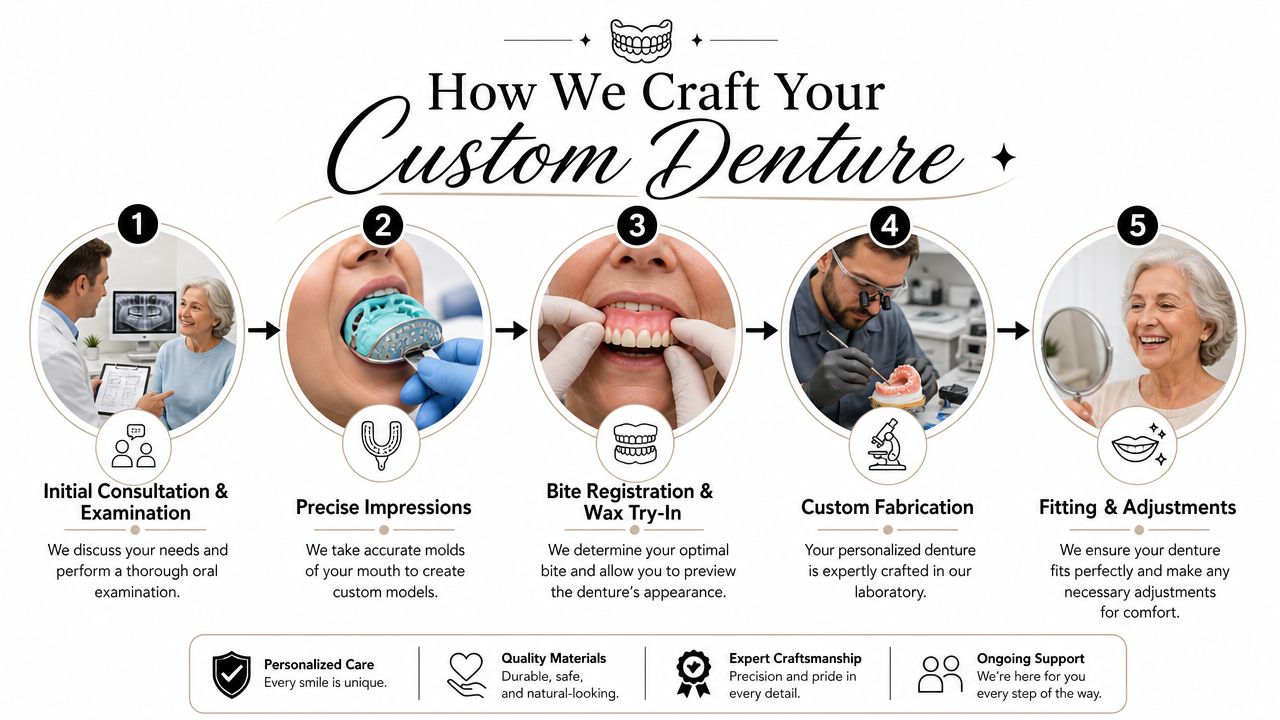 A five-step infographic showing the professional process of creating and fitting a custom dental denture.