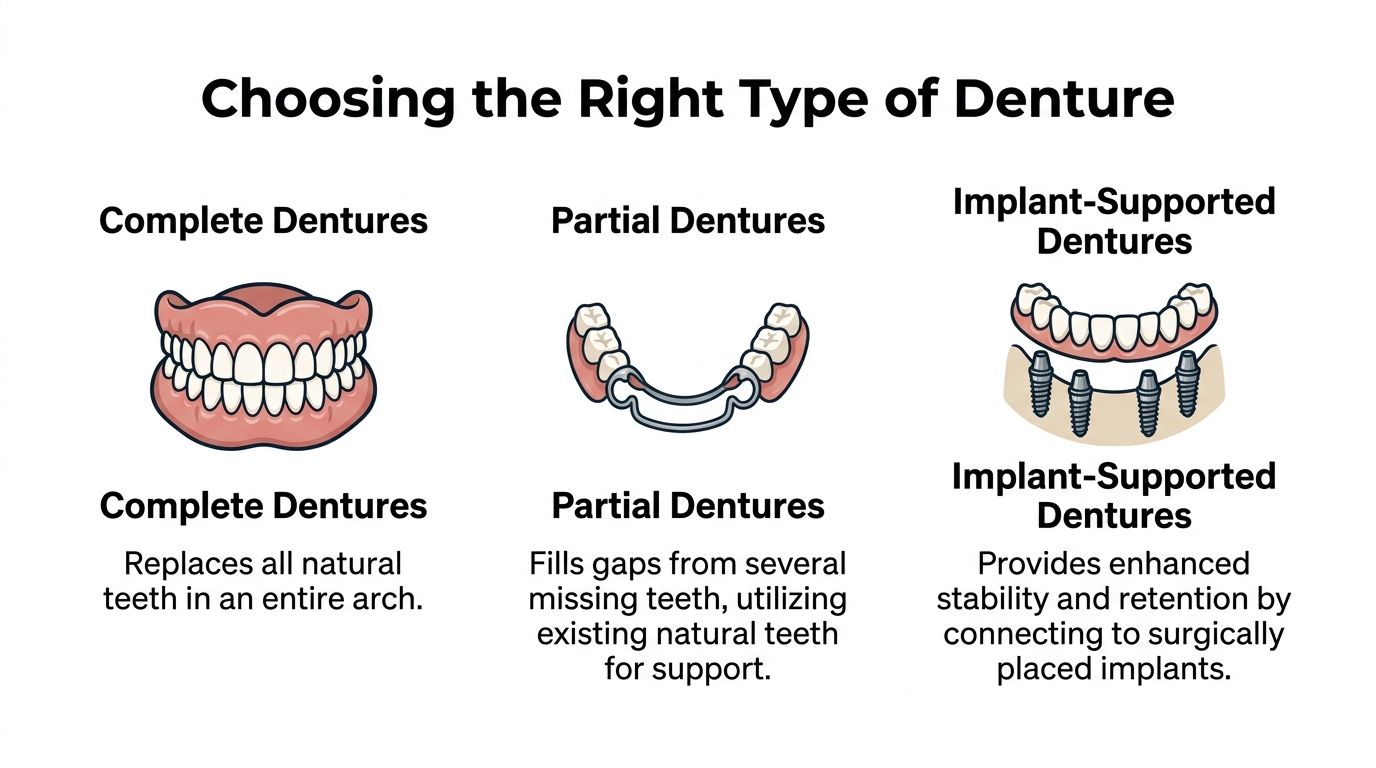 An infographic showing the three main types of dental appliances: complete, partial, and implant-supported dentures.