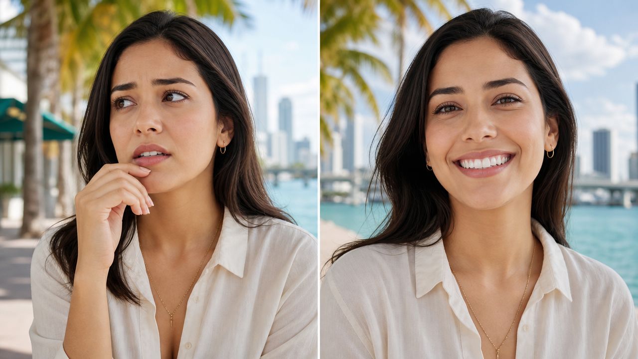 A split image showing a woman expressing doubt on the left and smiling confidently on the right.