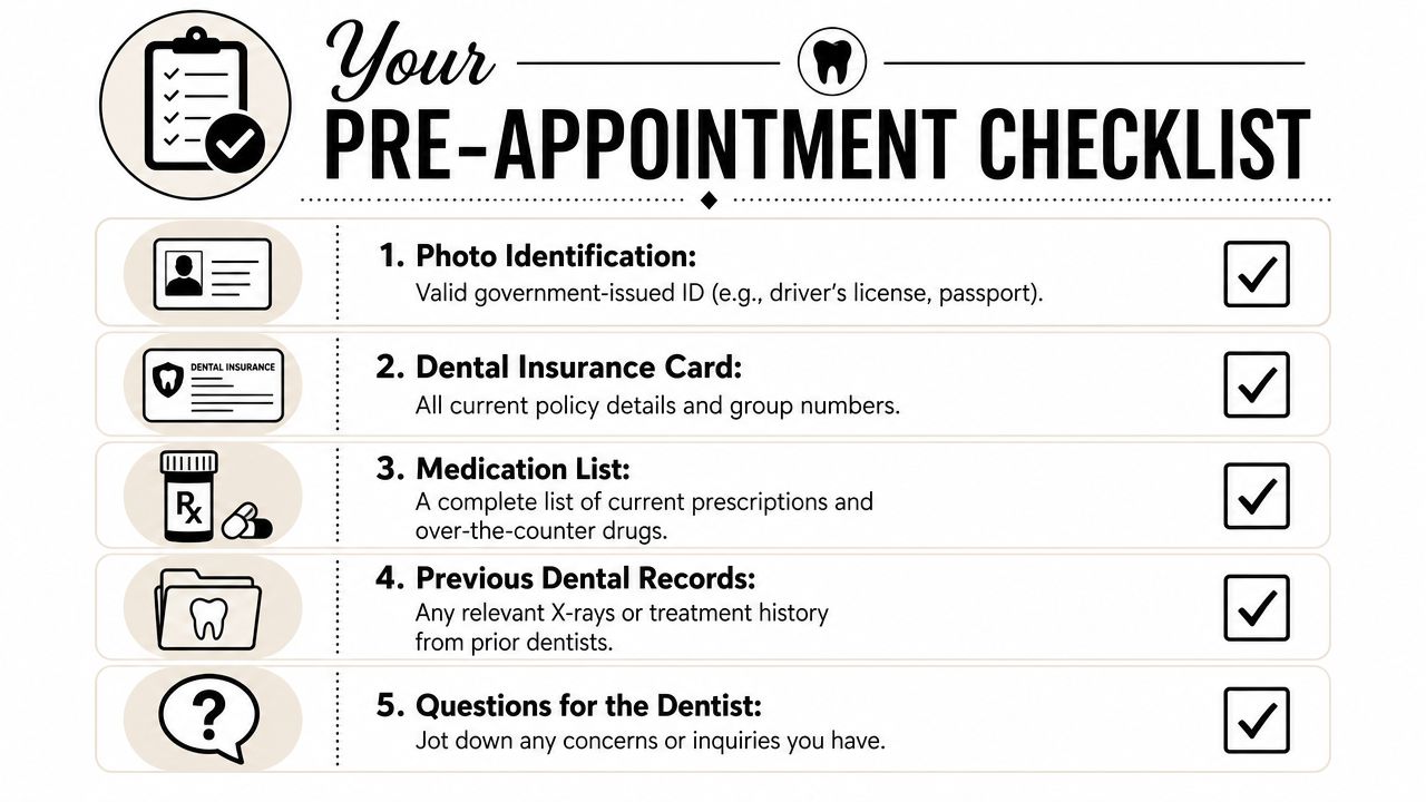 A checklist for dental patients showing five essential items needed before arriving for their appointment.
