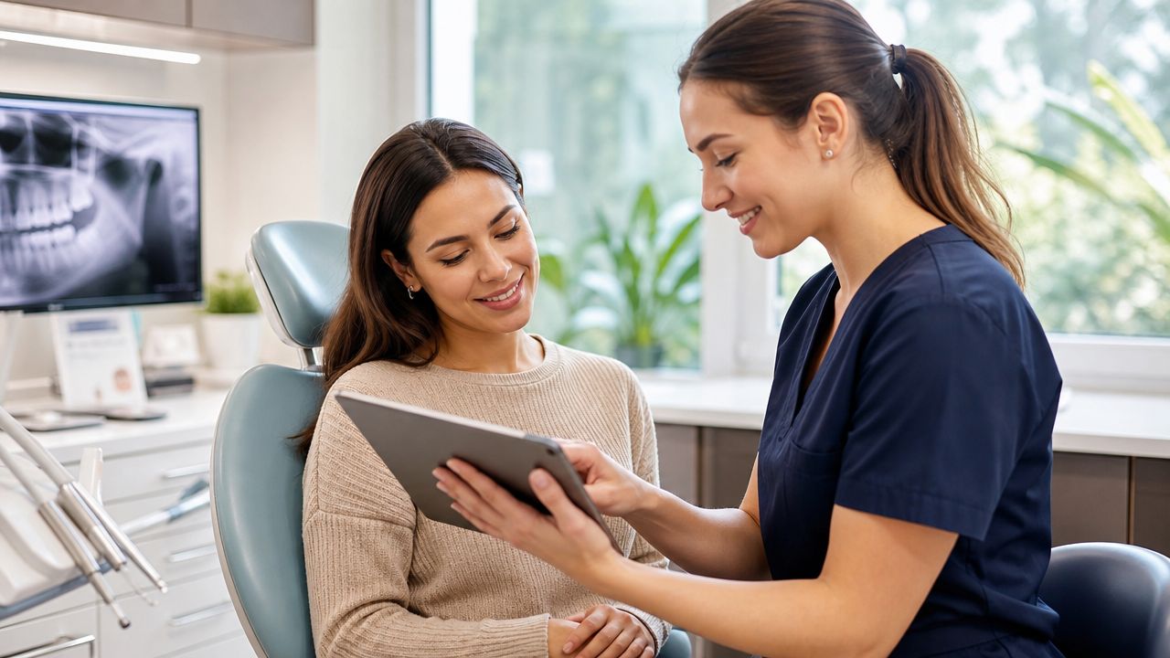 A friendly dental assistant shows a tablet with new patient forms to a smiling female dental patient.