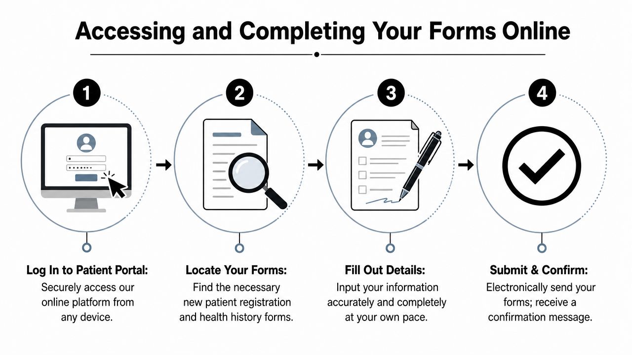 An infographic showing a four-step process for patients to access and complete their forms online.