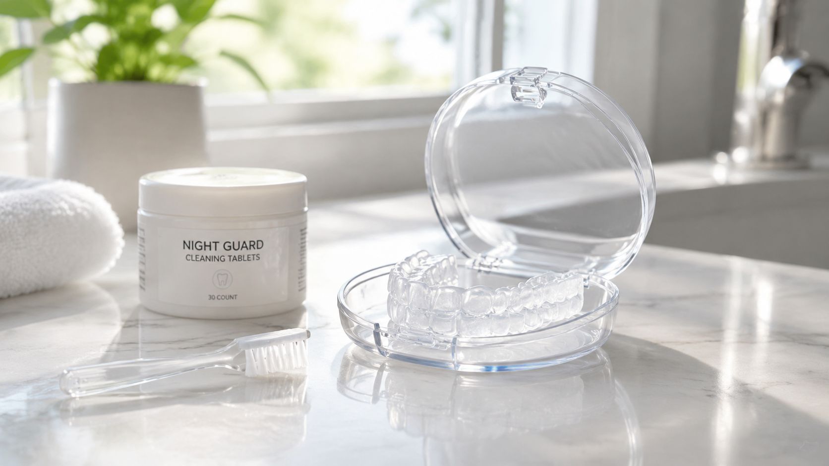 A clear dental night guard in a case next to cleaning tablets and a small brush on marble.