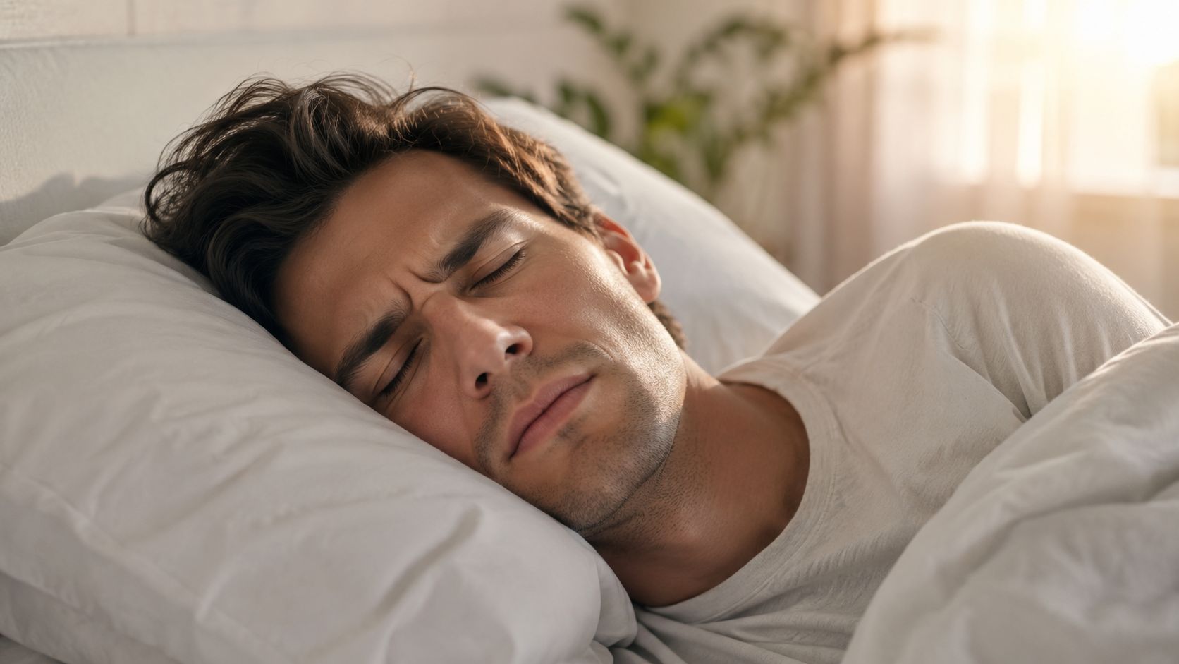 A young man experiencing pain while sleeping in bed, representing discomfort from nocturnal teeth grinding.