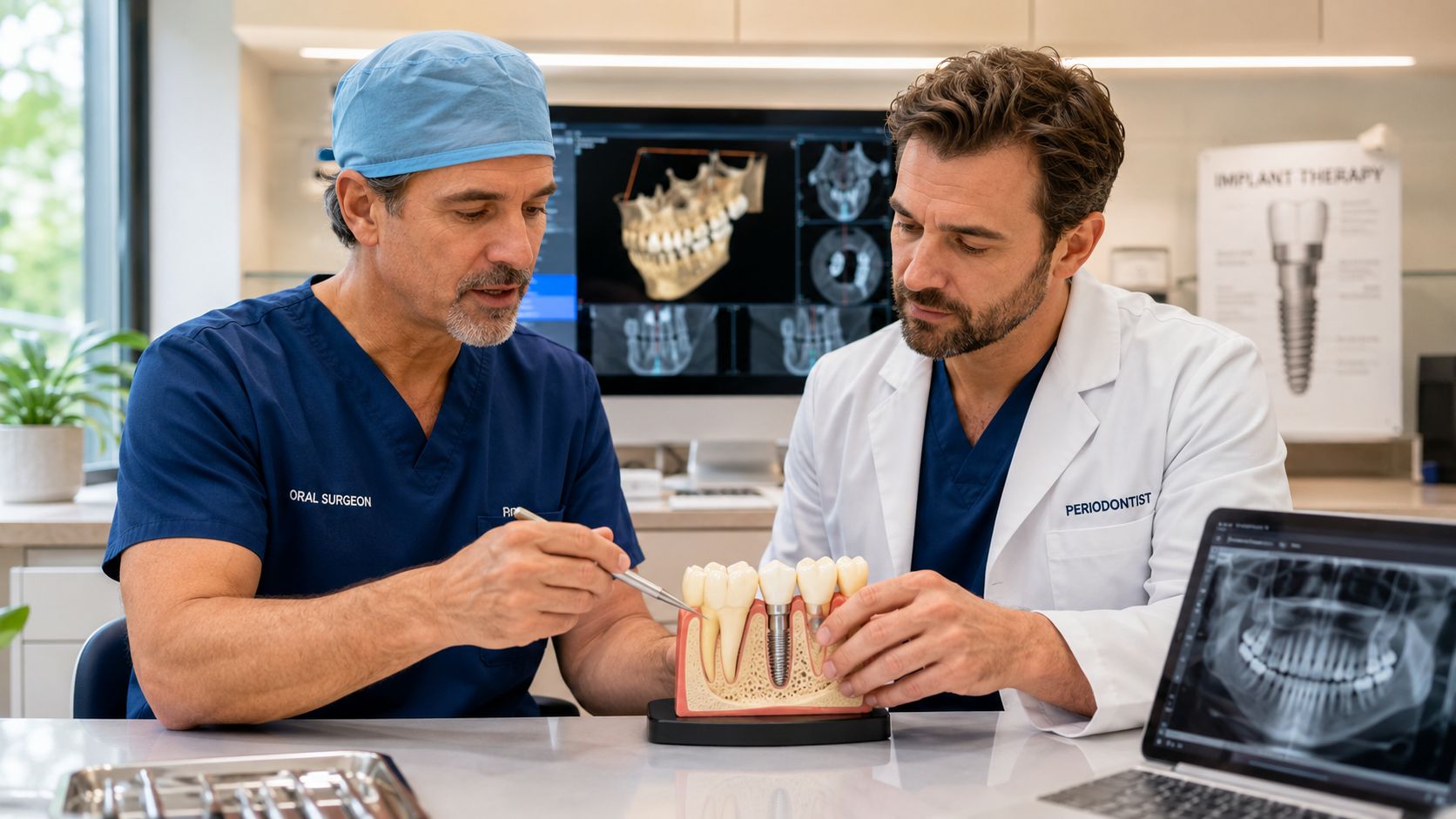An oral surgeon and a periodontist discussing a dental implant model in a modern medical office.