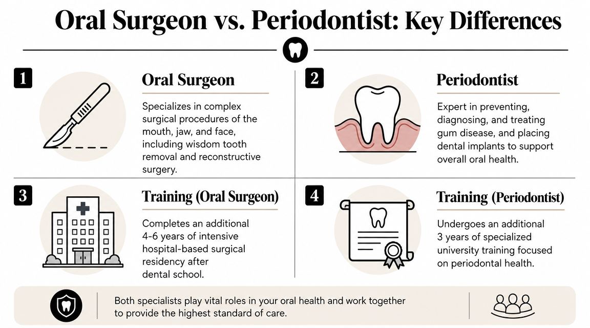 An infographic comparing the roles and training of an oral surgeon versus a periodontist in dentistry.